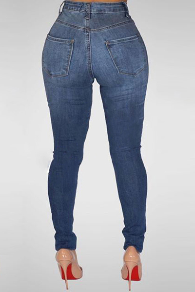 Trendy Mid Waist Broken Holes Metal Decoration Blue Denim Skinny Jeans