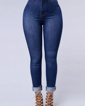 Trendy Mid Waist Button Fly Blue Denim Skinny Jeans