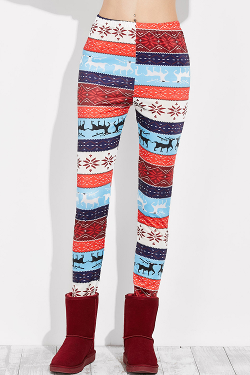  Christmas Elk Print Casual Leggings(Non Positioning Printing)