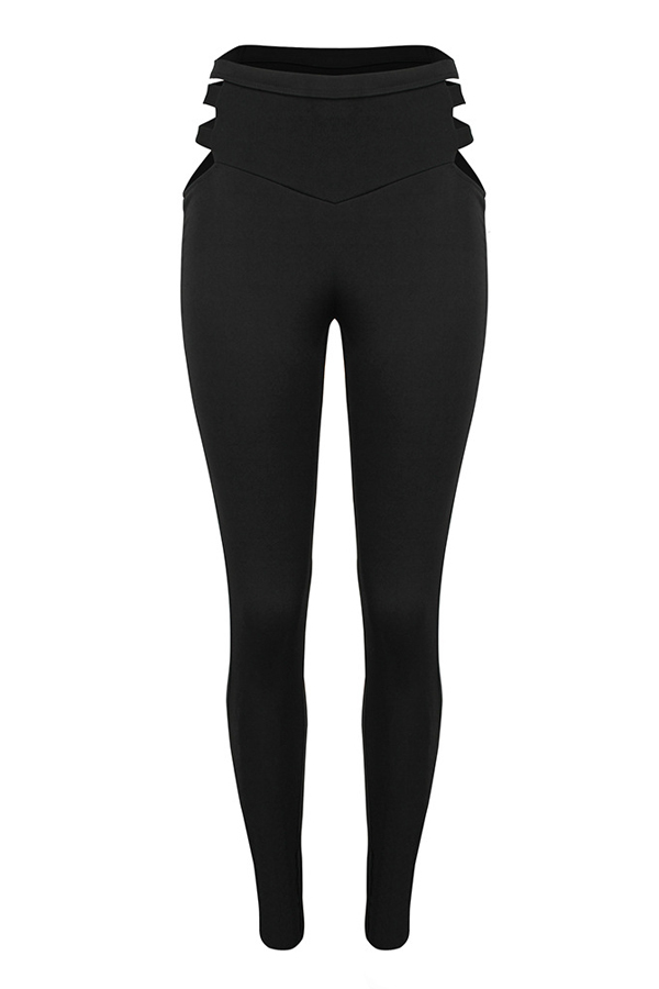  Fashionable High Waist Hollow-out Black Polyester Leggings