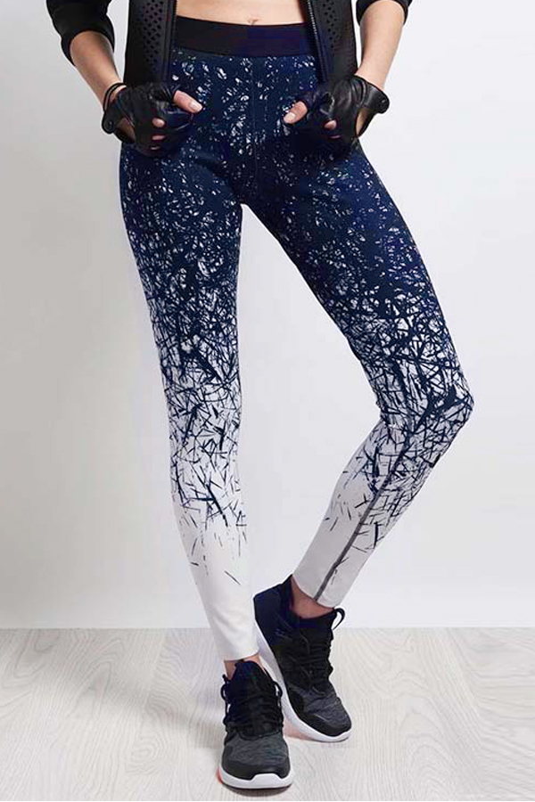  Leisure Elastic Waist Printed Blue Polyester Leggings
