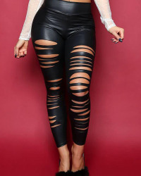  Euramerican High Elastic Waist Burnt-out Design Black Leather Pants