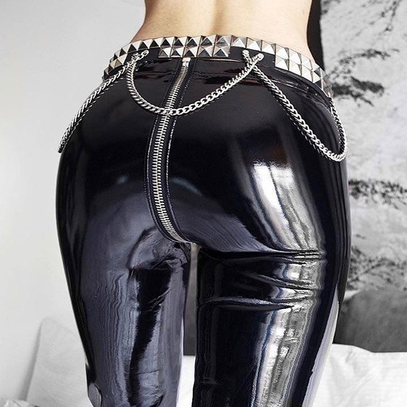  Euramerican High Waist Zipper Design Black Leather Pants(Without Accessories)