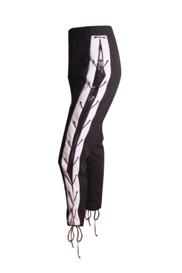  Fashion Elastic Waist Lace-up Black Polyester Pants