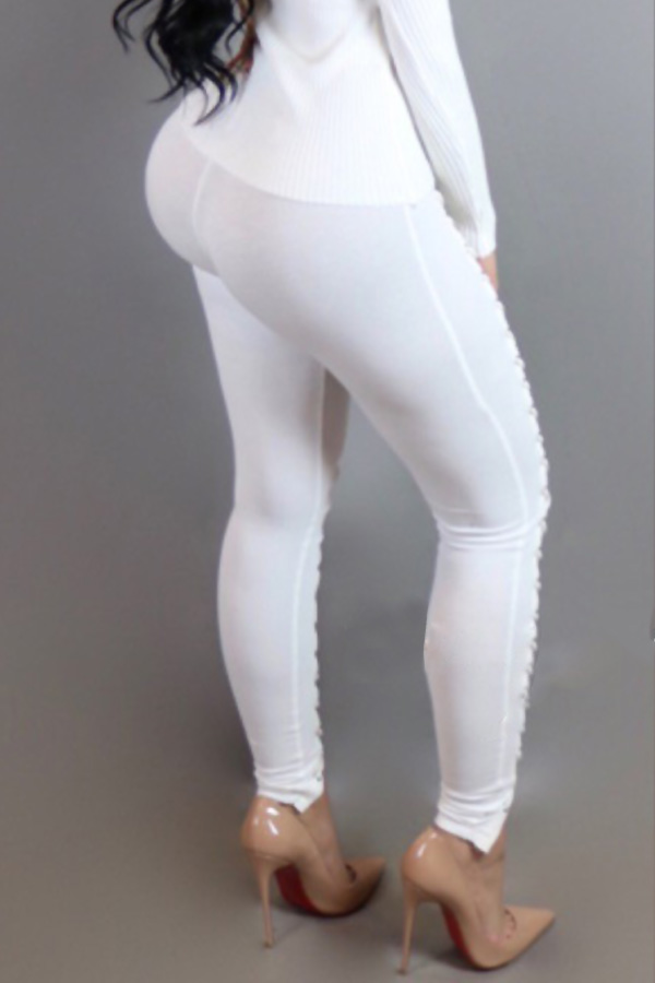  Fashion High Elastic Waist Lace-up White Polyester Leggings