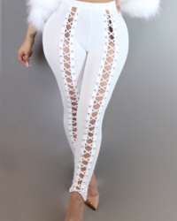  Fashion High Elastic Waist Lace-up White Polyester Leggings