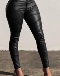  Fashion High Waist Black Leather Zipped Pants