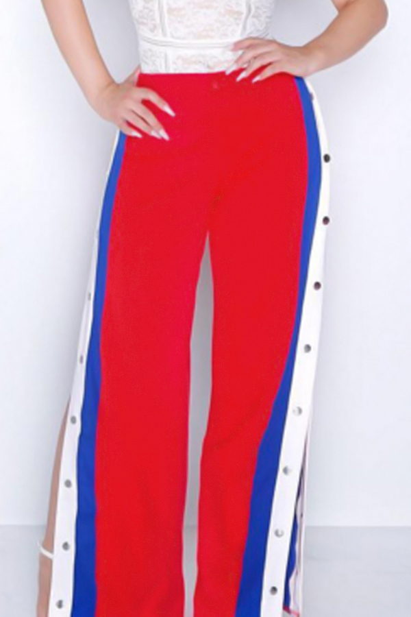  Fashion High Waist Buttons Design Red+Blue Polyester Pants