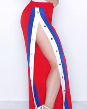  Fashion High Waist Buttons Design Red+Blue Polyester Pants