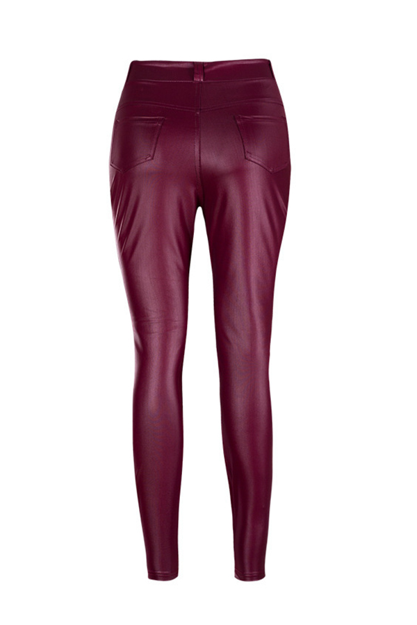  Fashion High Waist Wine Red Leather Zipped Pants