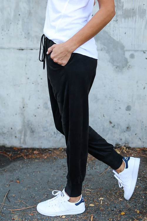  Leisure Elastic Waist Lace-up Black Polyester Pants