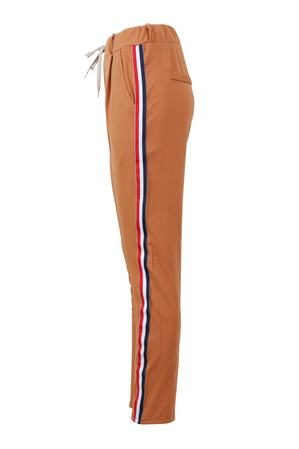  Polyester Solid Elastic Waist High Straight Pants Pants