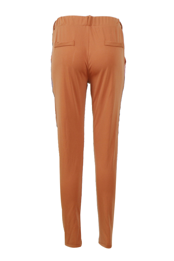  Polyester Solid Elastic Waist High Straight Pants Pants