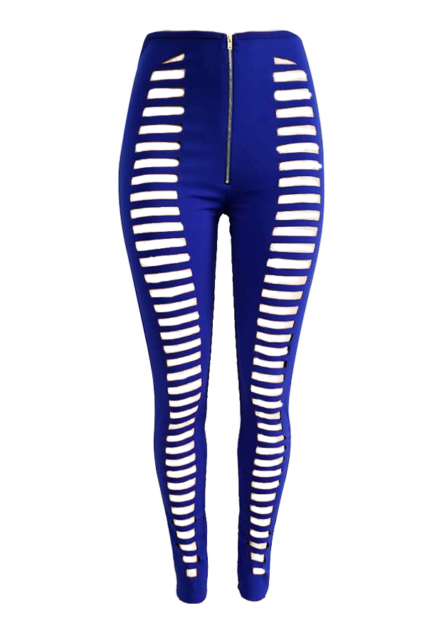  Sexy High Waist Hollow-out Blue Polyester Pants