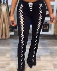  Sexy Mid Waist Lace-up Hollow-out Black Polyester Pants