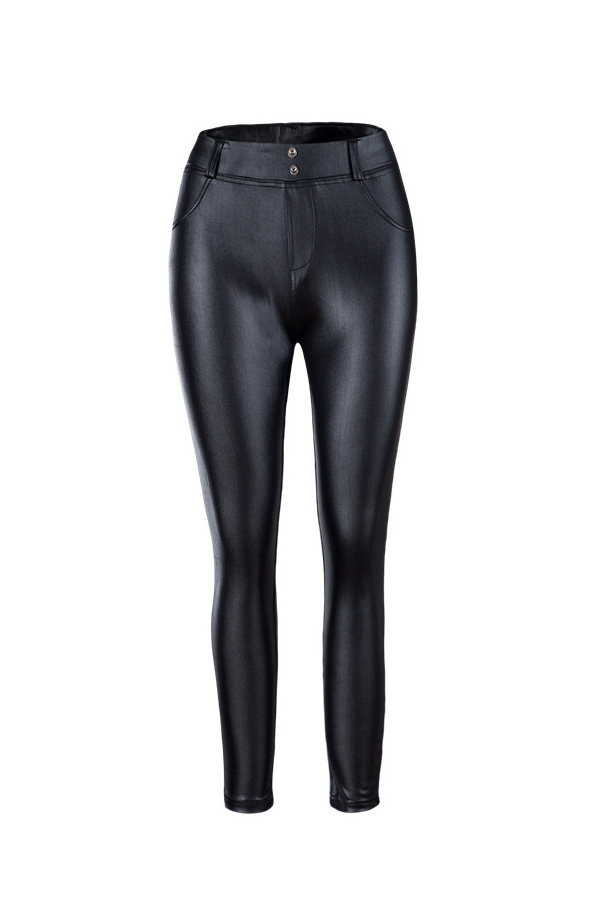  Sexy Mid Waist Zipper Design Black Leather Leggings