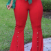  Stylish Mid Elastic Waist Buttons Decorative Red Polyester Flared Trousers