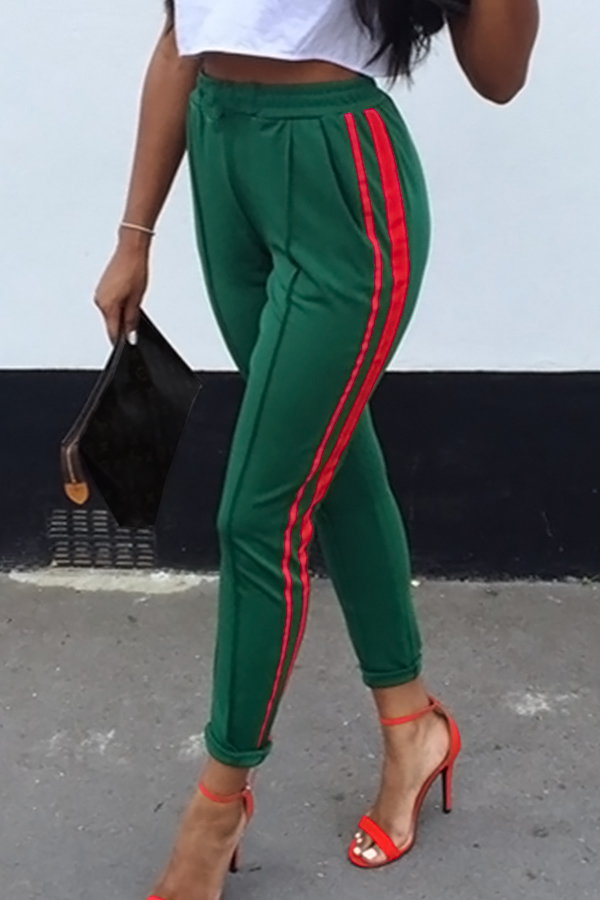  Stylish Mid Elastic Waist Striped Green Cotton Blends Pants