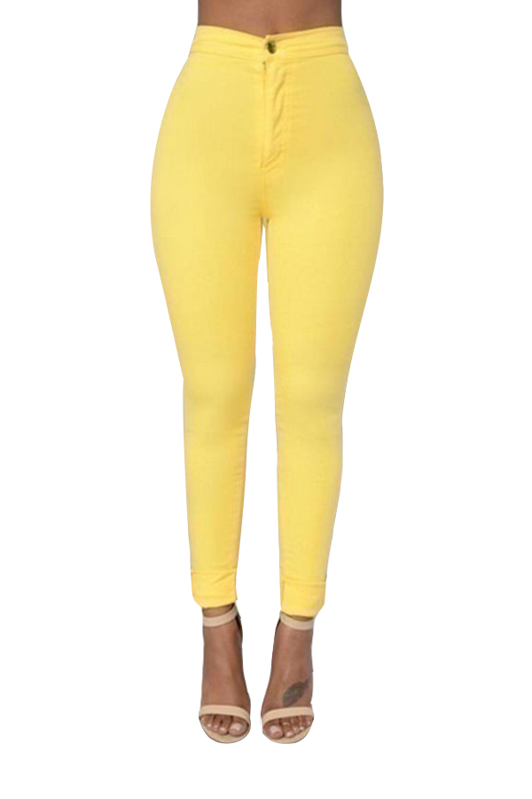  Stylish Mid Waist Yellow Cotton Blends Pants