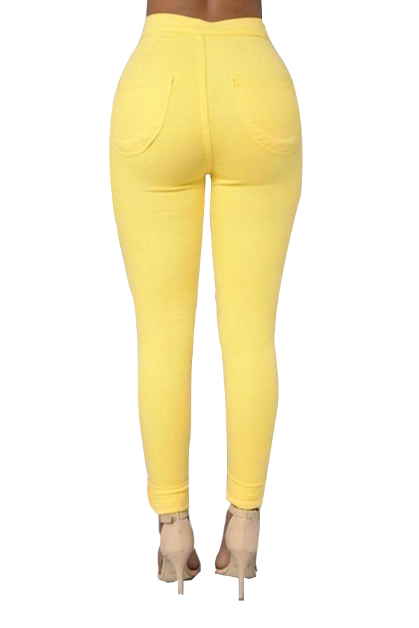  Stylish Mid Waist Yellow Cotton Blends Pants