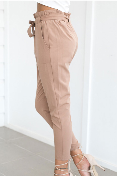  Trendy Elastic Waist Lace-up Khaki Cotton Blends Pants