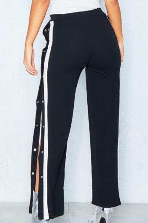  Trendy Elastic Waist Side Split Black Polyester Pants