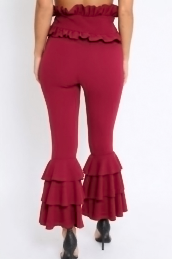  Trendy High Waist Falbala Design Wine Red Polyester Pants