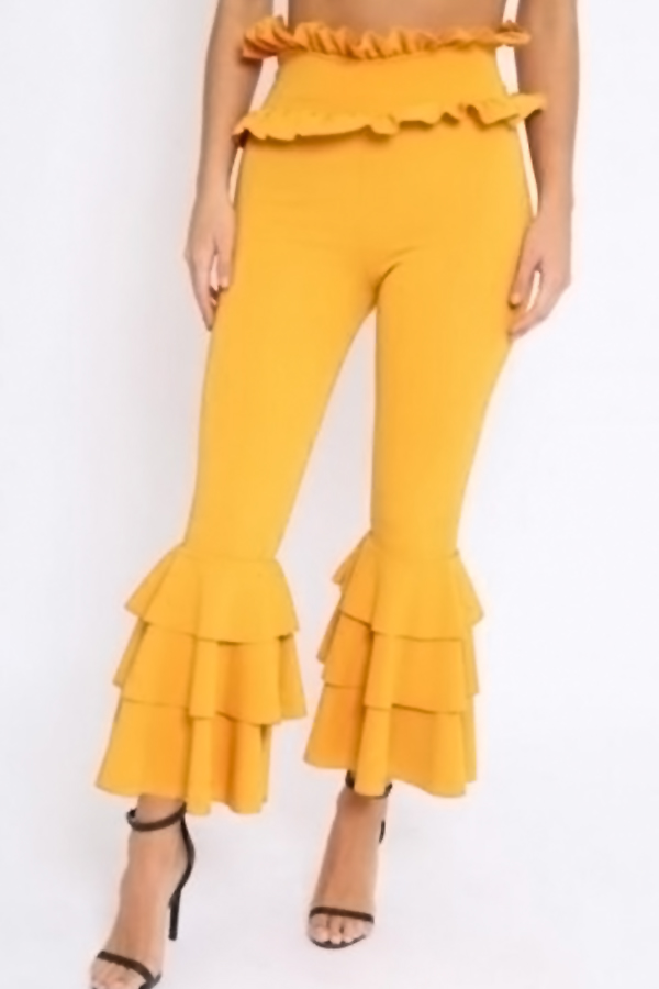  Trendy High Waist Falbala Design Yellow Polyester Pants 