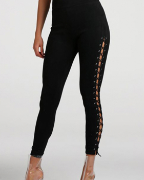  Trendy High Waist Lace-up Hollow-out Black Velvet Pants