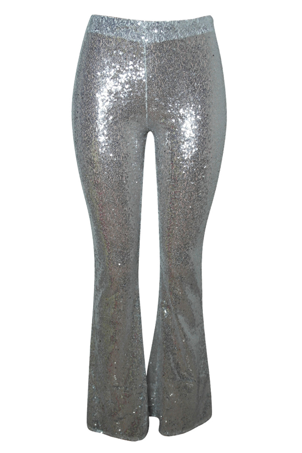  Trendy Low Elastic Waist Sequins Decoration Silver Polyester Flared Trousers