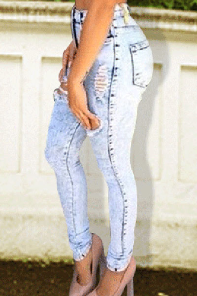 Casual Broken Holes Button Fly Design Blue Cotton Blend Skinny Pants