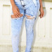 Casual Broken Holes Button Fly Design Blue Cotton Blend Skinny Pants