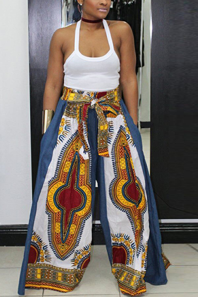Ethnic Style Totem Printed White Polyester Pants