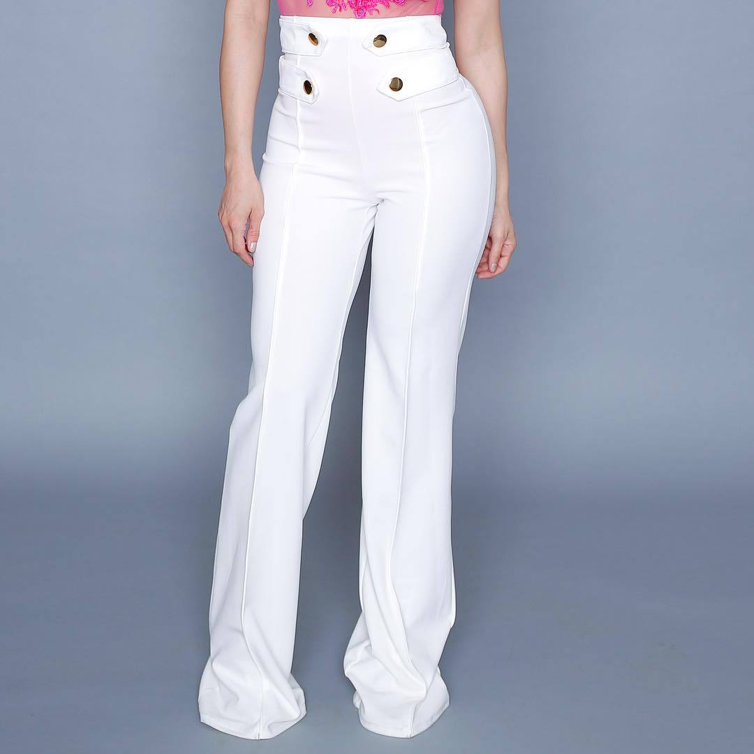 Euramerican High Waist Zipper Design White Polyester Pants