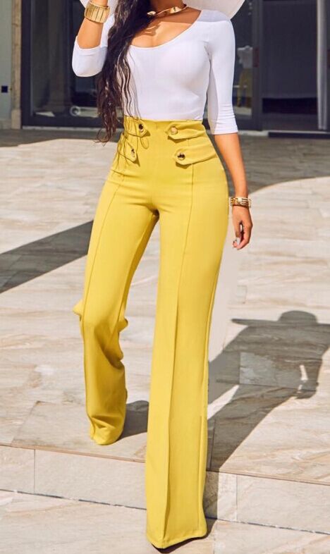 Euramerican High Waist Zipper Design Yellow Polyester Pants