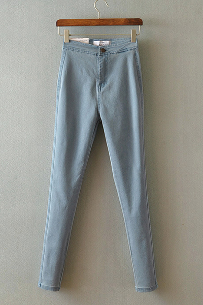 Fashion Button Fly Design Solid Blue Elastic Denim Skinny Pants