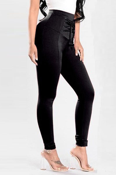 Fashion High Waist Lace-up Black Polyester Skinny Pants