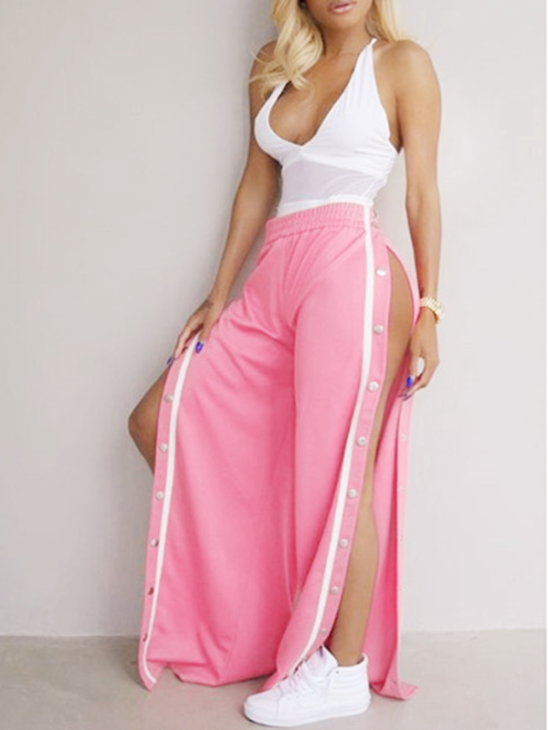 Sexy Elastic Waist High Split Pink Polyester Pants
