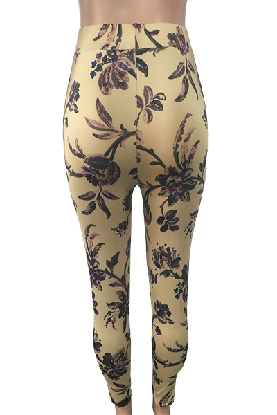 Stylish Elastic Waist Floral Print Polyester Skinny Pants