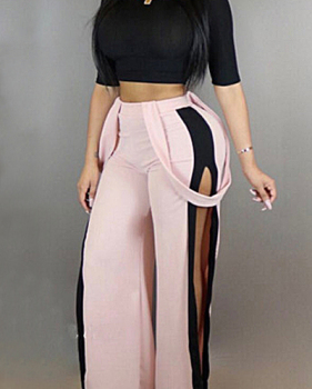 Stylish Elastic Waist Patchwork Pink Blending Pants