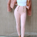 Stylish High Waist Double-breasted Decorative Pink Cotton Skinny Pants