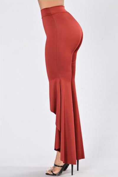 Stylish High Waist Trumpet Shaped Design Red Polyester Boot Pants