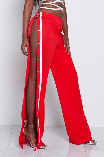 Trendy Elastic Waist High Split Red Qmilch Pants