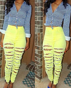 Trendy High Waist Broken Holes Yellow Denim Pants
