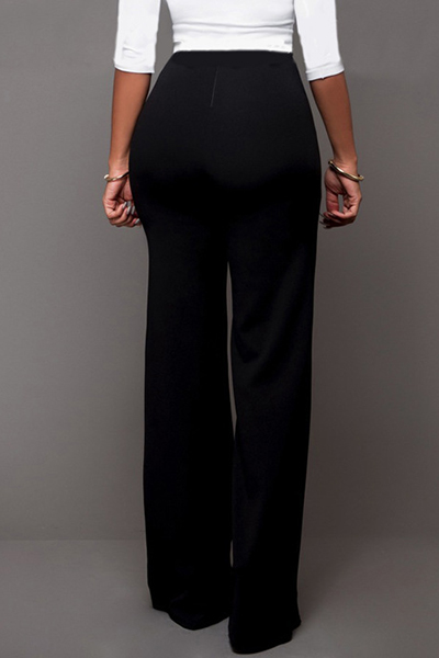 Trendy High Waist Double-breasted Decorative Black Polyester Pants