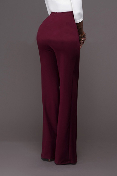 Trendy High Waist Double-breasted Decorative Wine Red Polyester Pants
