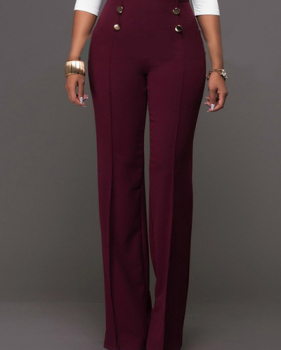 Trendy High Waist Double-breasted Decorative Wine Red Polyester Pants