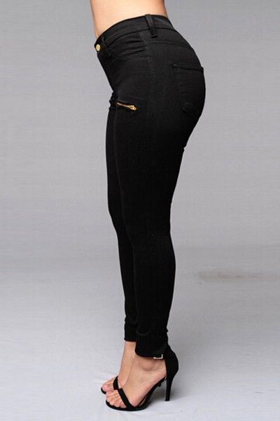 Trendy Mid Waist Zippered Decoration Black Denim Skinny Pants