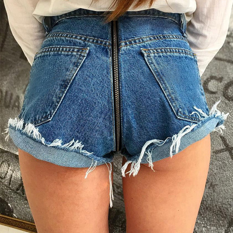  Trendy Mid Waist Worn Out Design Dark Blue Denim Zipped Shorts