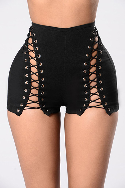 Sexy High Waist Hollow-out Black Polyester Skinny Shorts